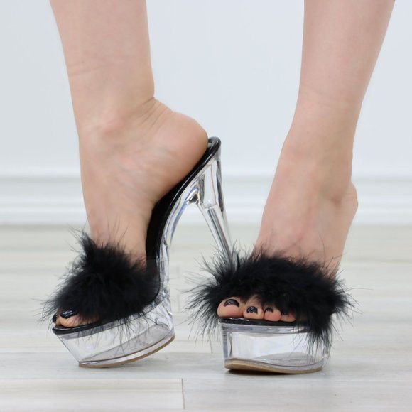 Clear Platform Heels Black Pom Pom - Picture 11 of 12